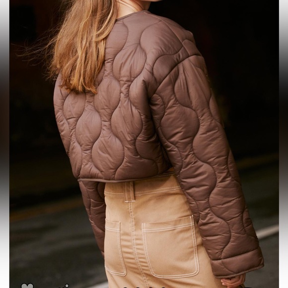 Brown Cropped Quilted Button Down Puffer Coat - Picture 3 of 7